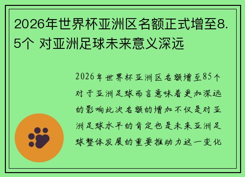 2026年世界杯亚洲区名额正式增至8.5个 对亚洲足球未来意义深远