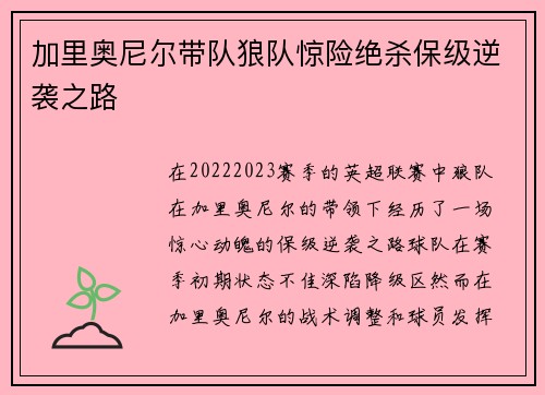 加里奥尼尔带队狼队惊险绝杀保级逆袭之路